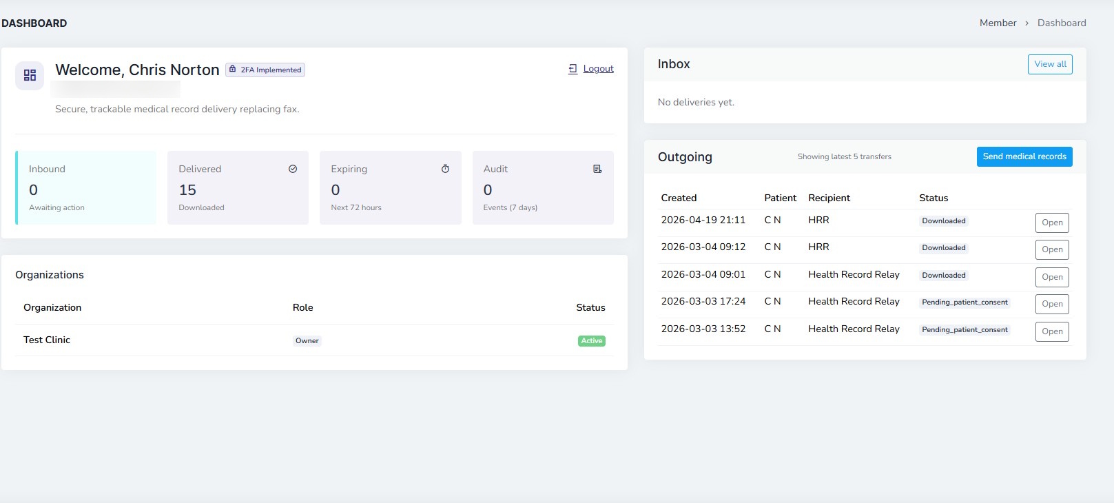Dashboard screen in Health Record Relay
