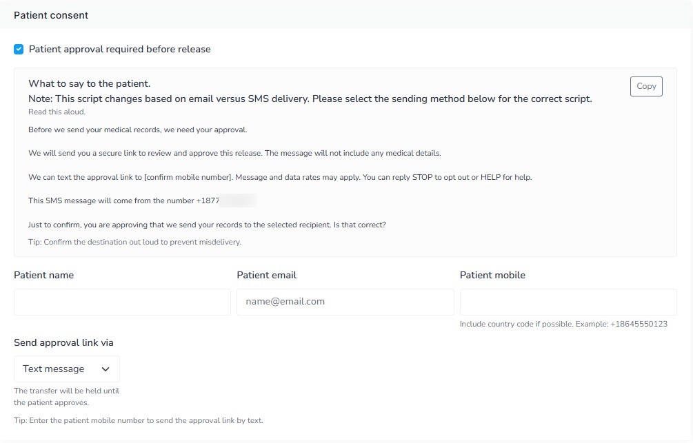 Patient consent workflow via SMS in Health Record Relay