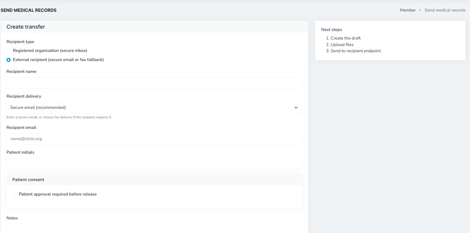 Health Record Relay send records interface